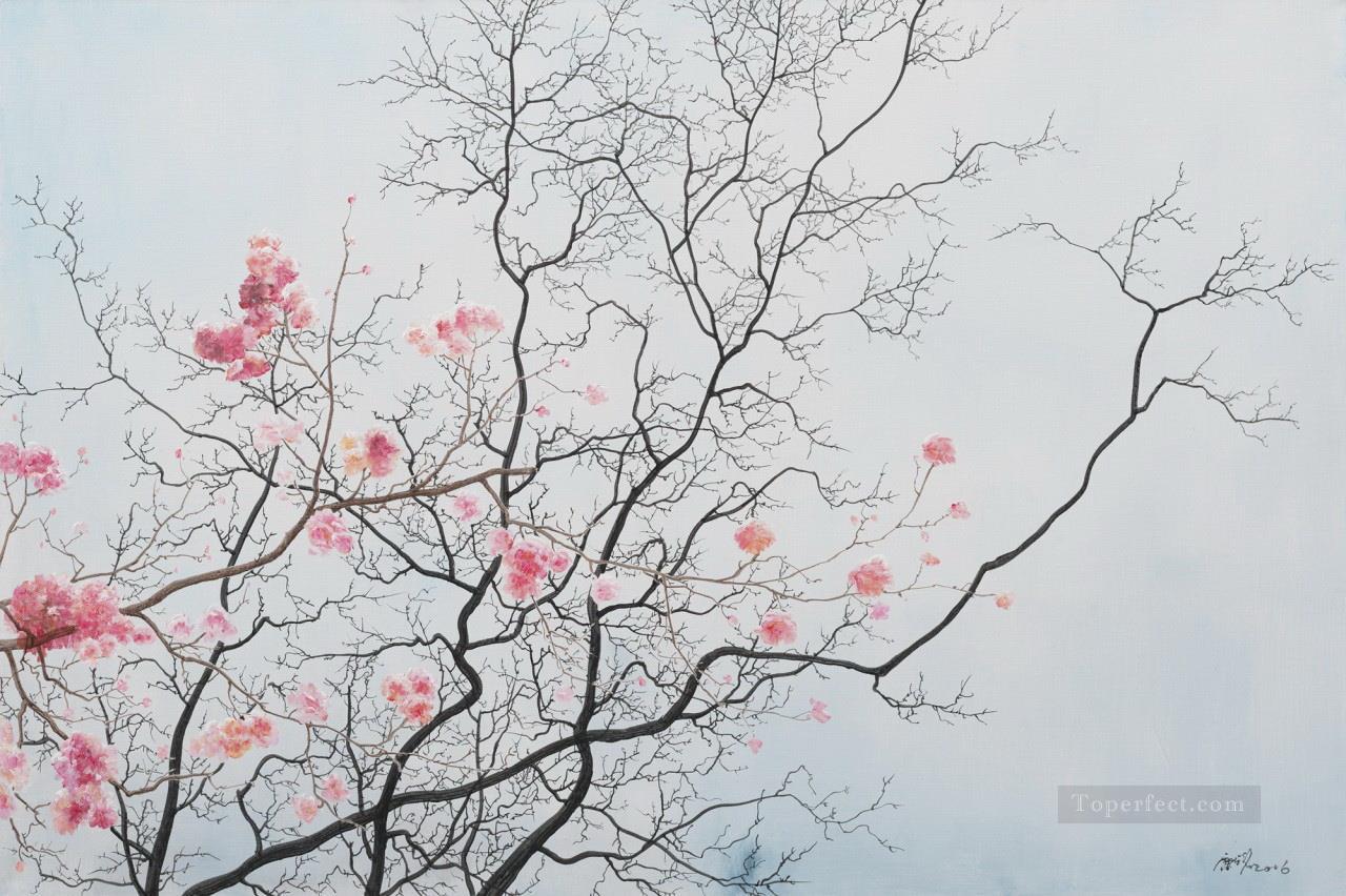 2月の現代の花の枝油絵